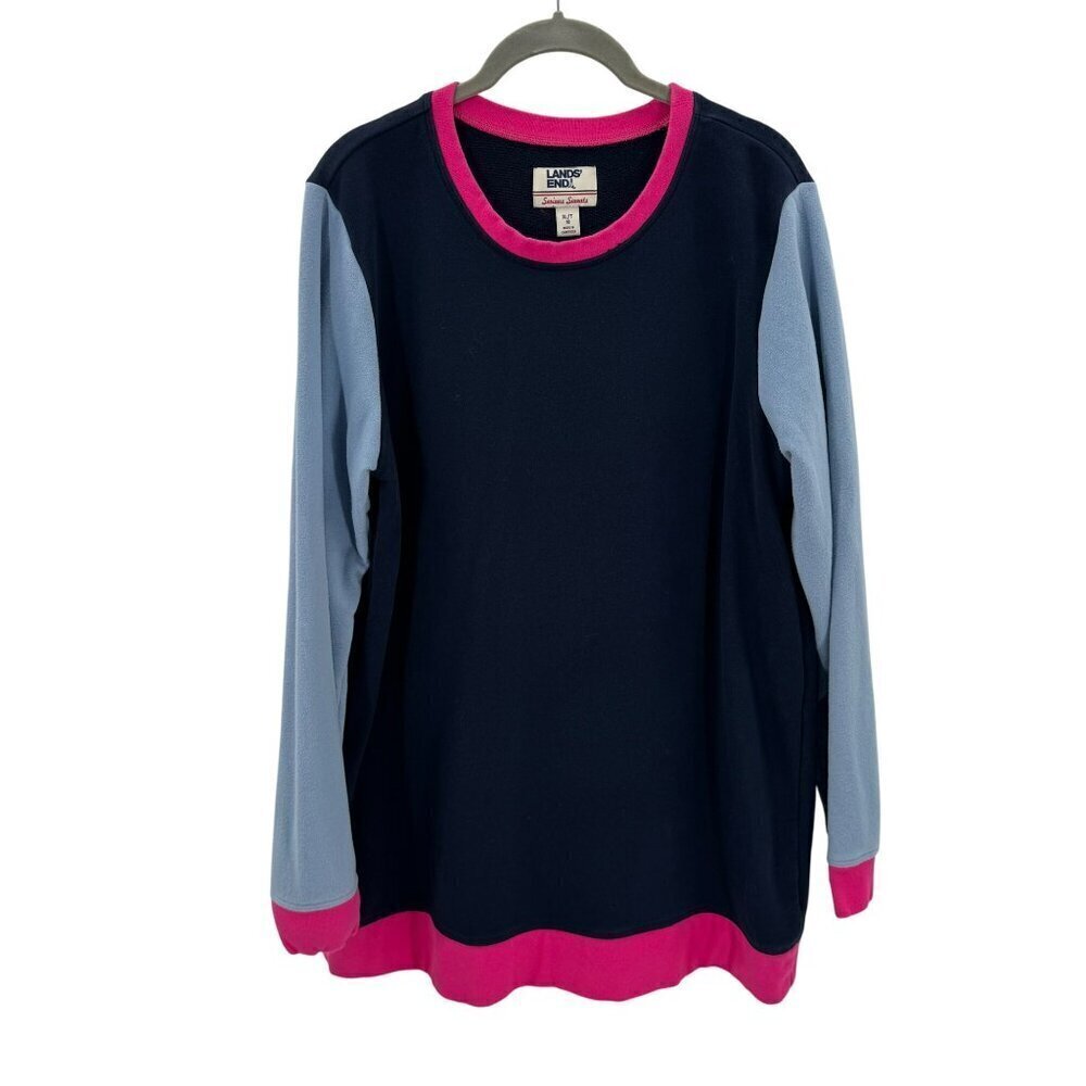 Lands End Serious Sweats Crewneck Pullover Navy/Pink/Blue Womens Size XL